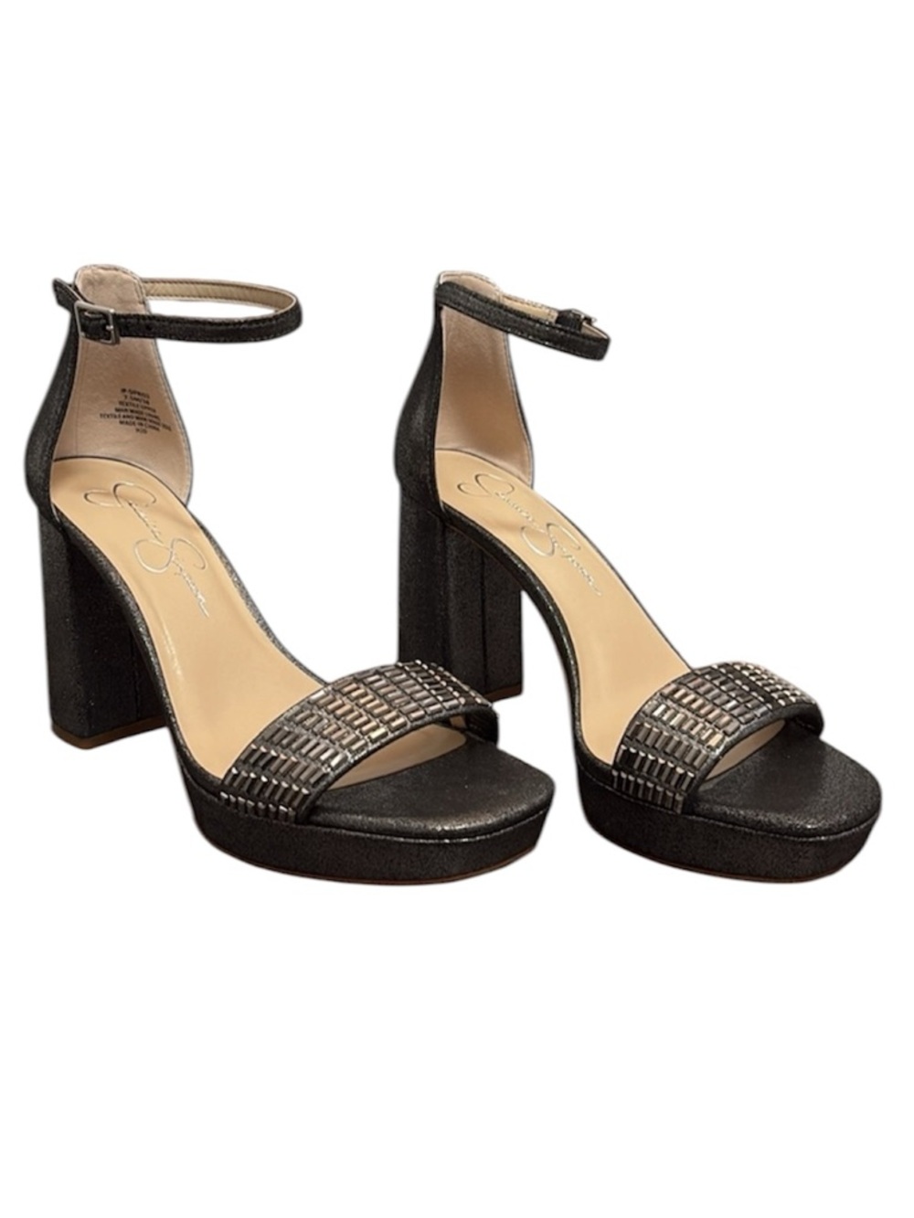NWT Jessica Simpson Rhinestone Platform Block Heels Silver Metallic 7.5